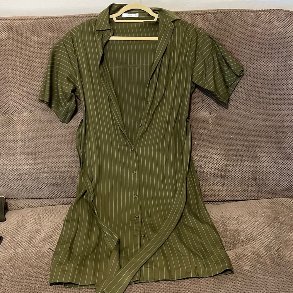 Green and white striped Mango shirt dress